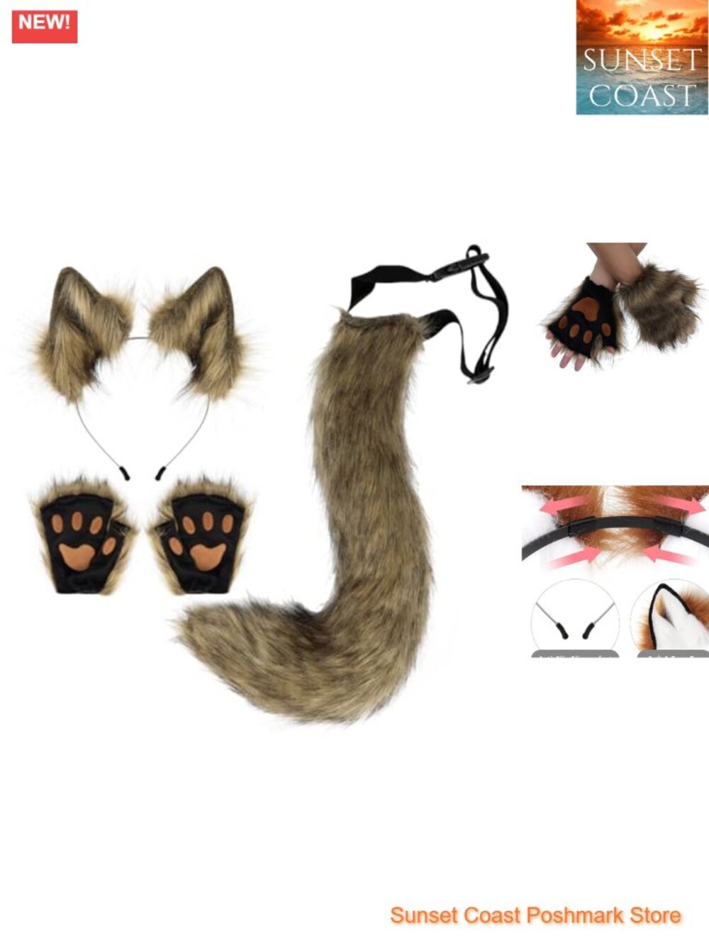 Faux Fur Wolf Ears Headband Tail Paw Gloves Set Cosplay Halloween Costume
